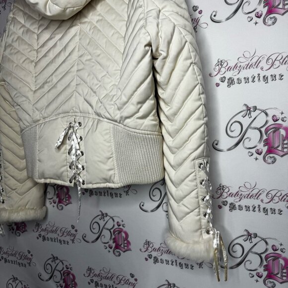Bebe corset coat jacket snow bunny fur rabbit White Quilted Jacket Fur Trim hood - Picture 4 of 16